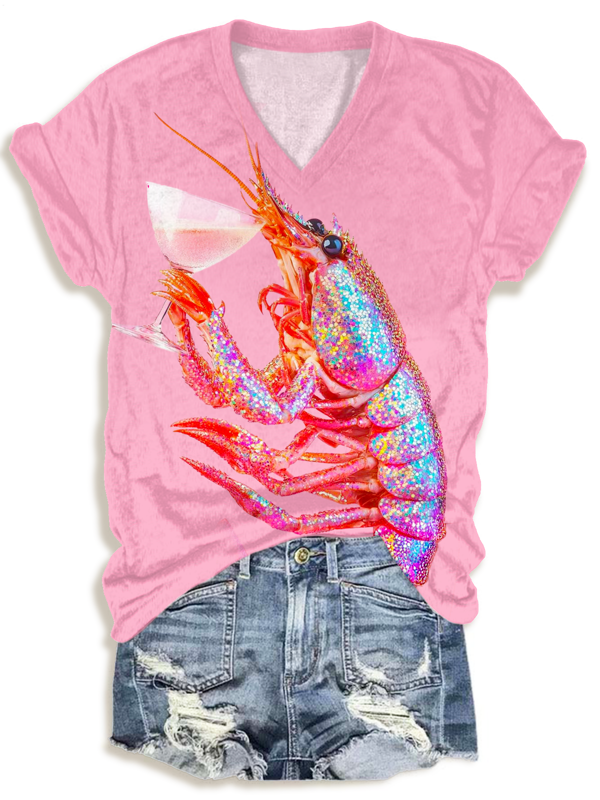 Disco Glitter Shrimp Holding Glass Art V-neck T-Shirt