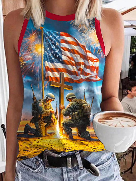 Soldier Flag Print Casual Sleeveless Top