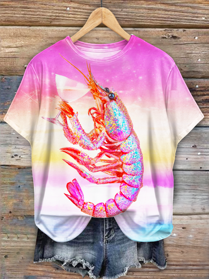 Disco Glitter Shrimp Holding Glass Art Crew Neck T-shirt