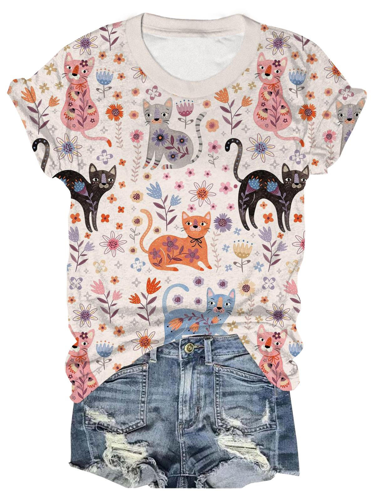Vintage Blumen Katzen Rundhals T-Shirt 