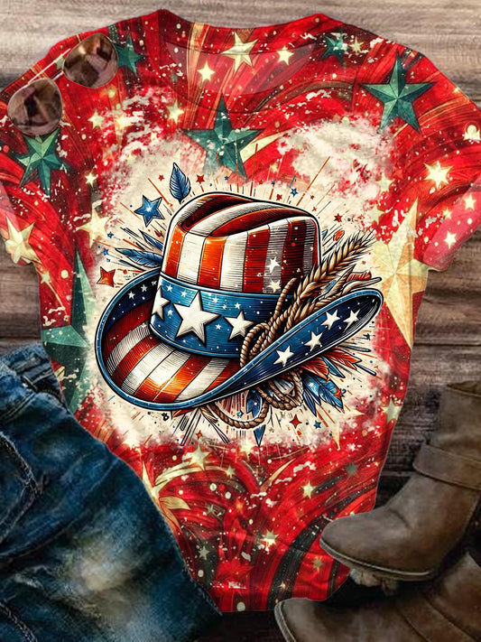 Vintage Independence Day Denim Printed Crew Neck T-shirt