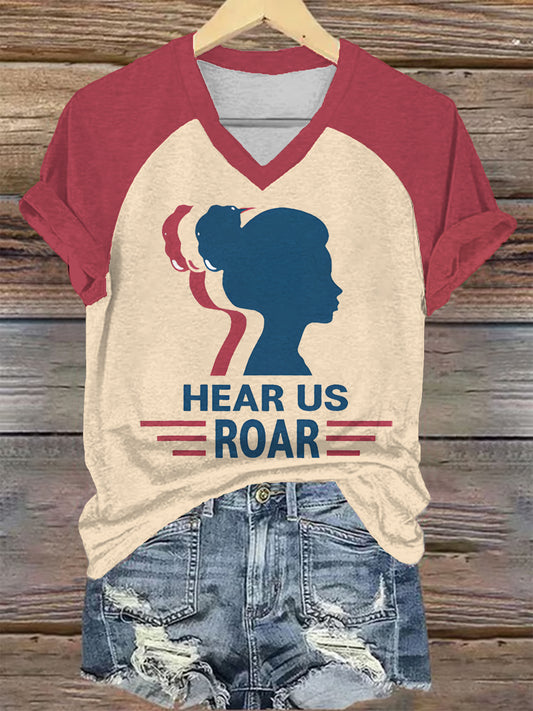 Hear Us Roar Print V-neck T-Shirt
