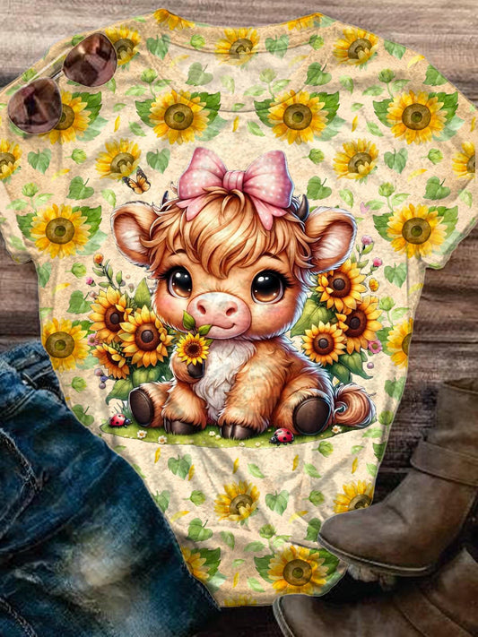 Sunflower Highland Cow Vintage Print Crew Neck T-shirt