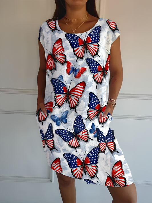 Patriotic Colors Independence Day Butterfly Crew Neck Short Sleeve Dress