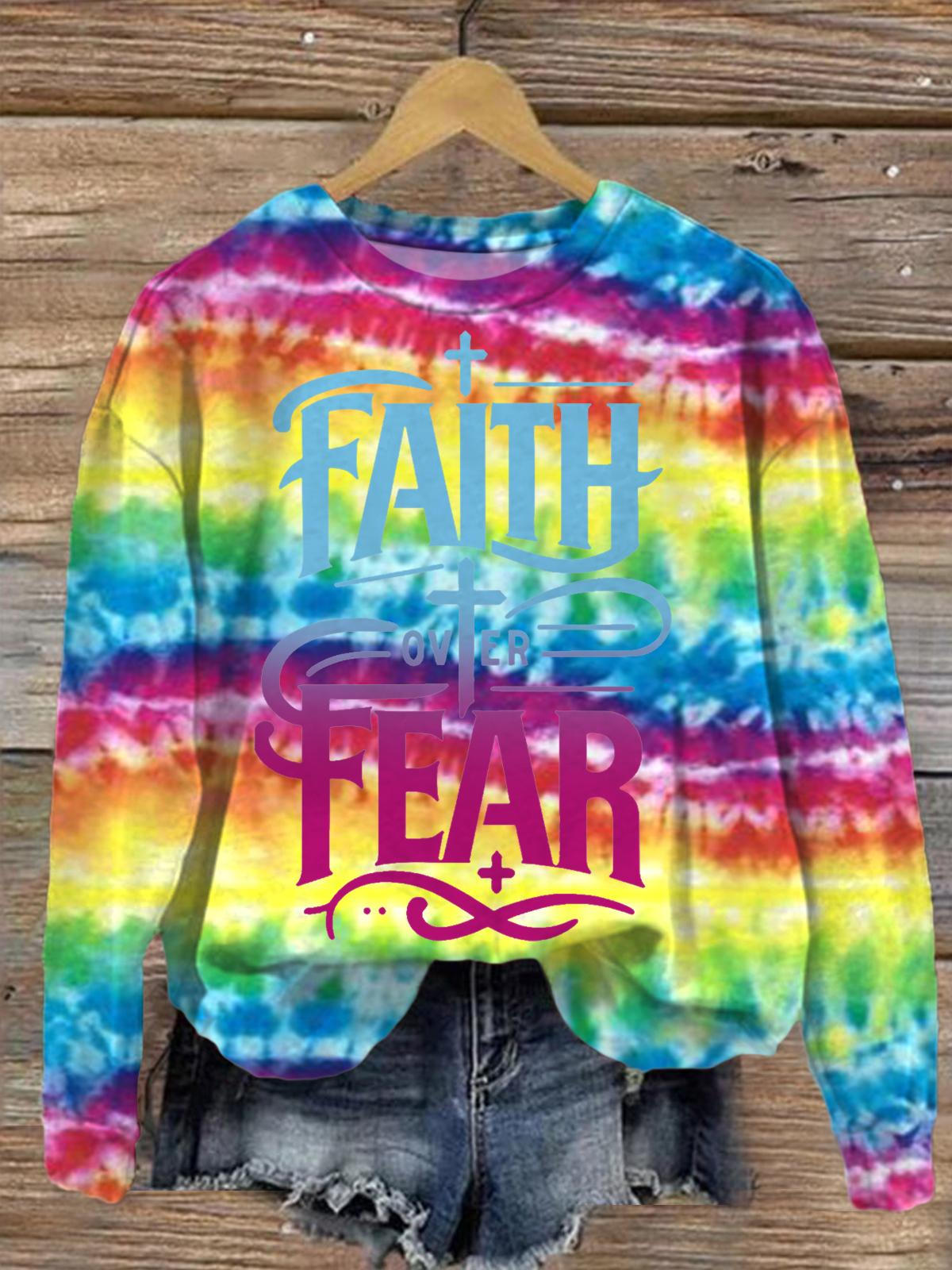 Colorfal Faith Over Fear Printed Long Sleeve Casual Top