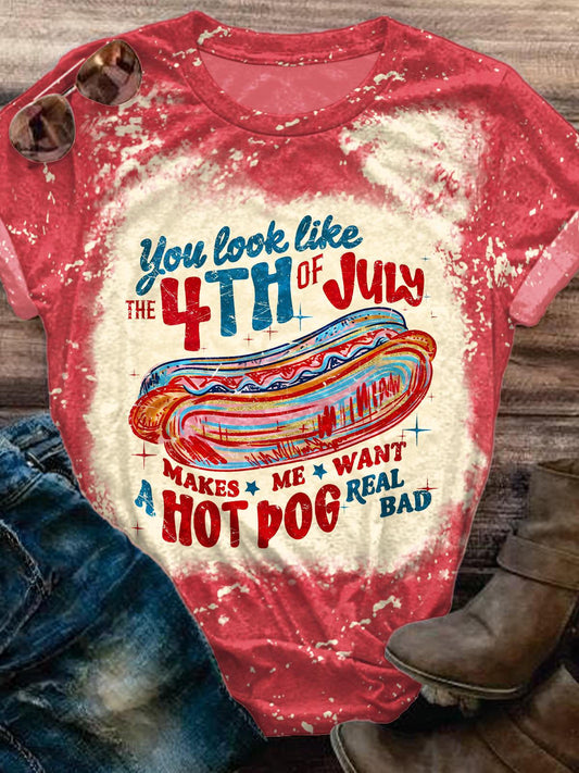 Retro America Hot Dog Independence Day Crew Neck T-shirt