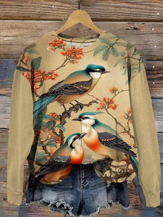 Women's Bird Vintage Floral Print Long Sleeve Top