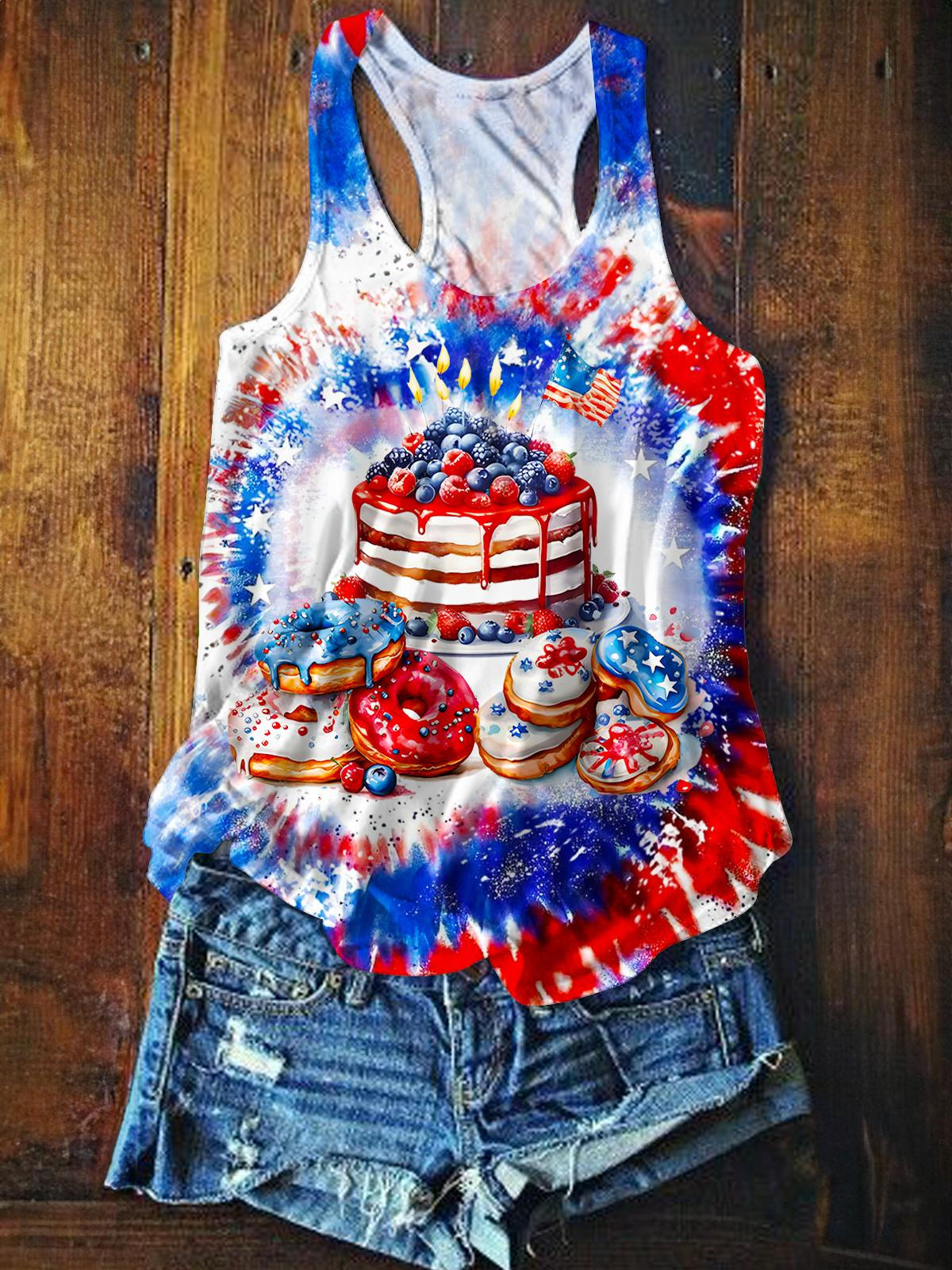 Retro Independence Day Cake Printed Casual Tank Top