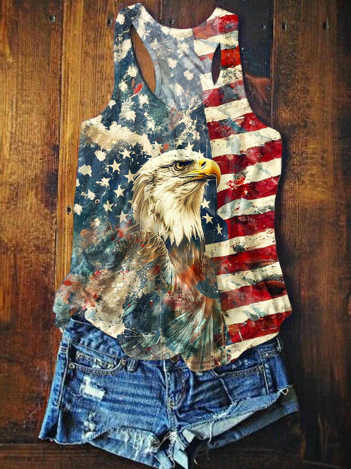 Vintage Independence Day Flag Bald Eagle Printed Casual Tank Top