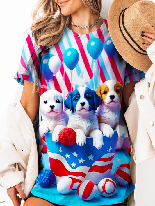 Funny Independence Day Festive Balloon Puppy Art Crew Neck T-shirt
