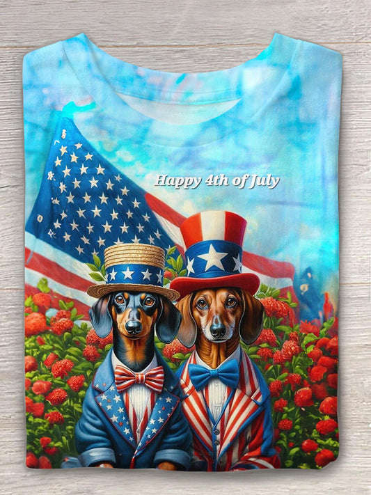 Independence Day Retro Puppy Print Crew Neck T-shirt