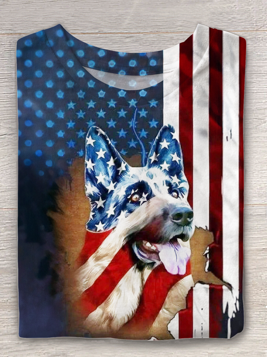 Independence Day Puppy Art Crew Neck T-shirt