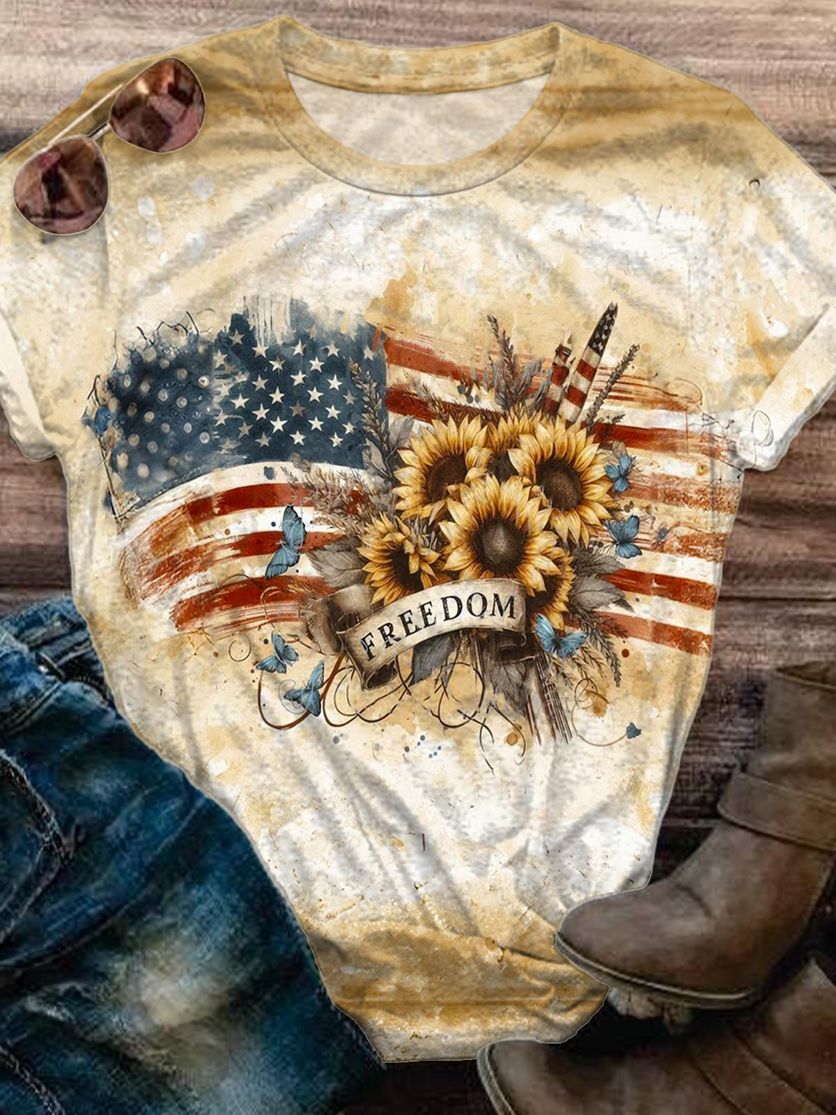 Retro Flag Sunflower Print Crew Neck T-shirt