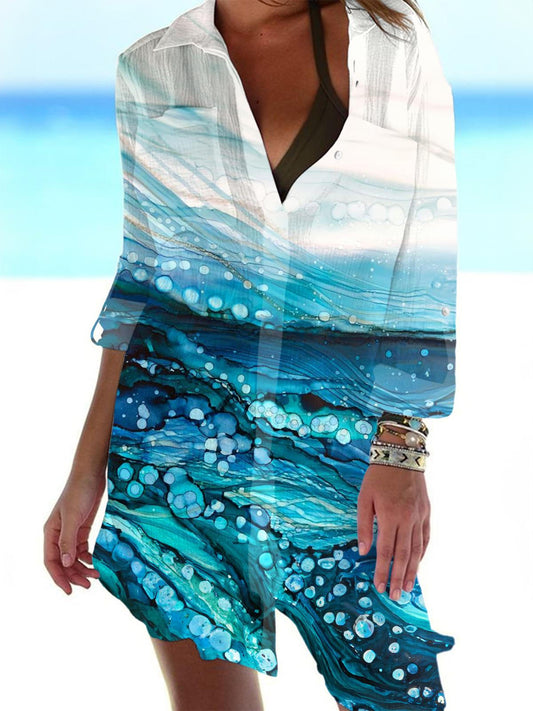 Watercolor Sea Wave Long Sleeve Beach Shirt Dress
