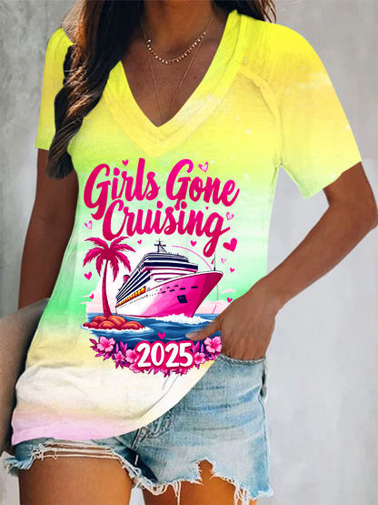 Girls Gone Cruising 2025 Short Sleeve V Neck Print Top