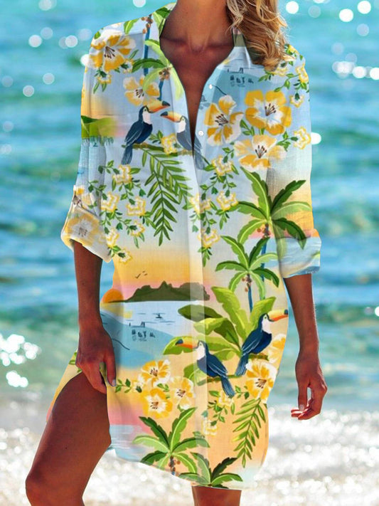 Summer Toucan Print Long Sleeve Beach Shirt Dress