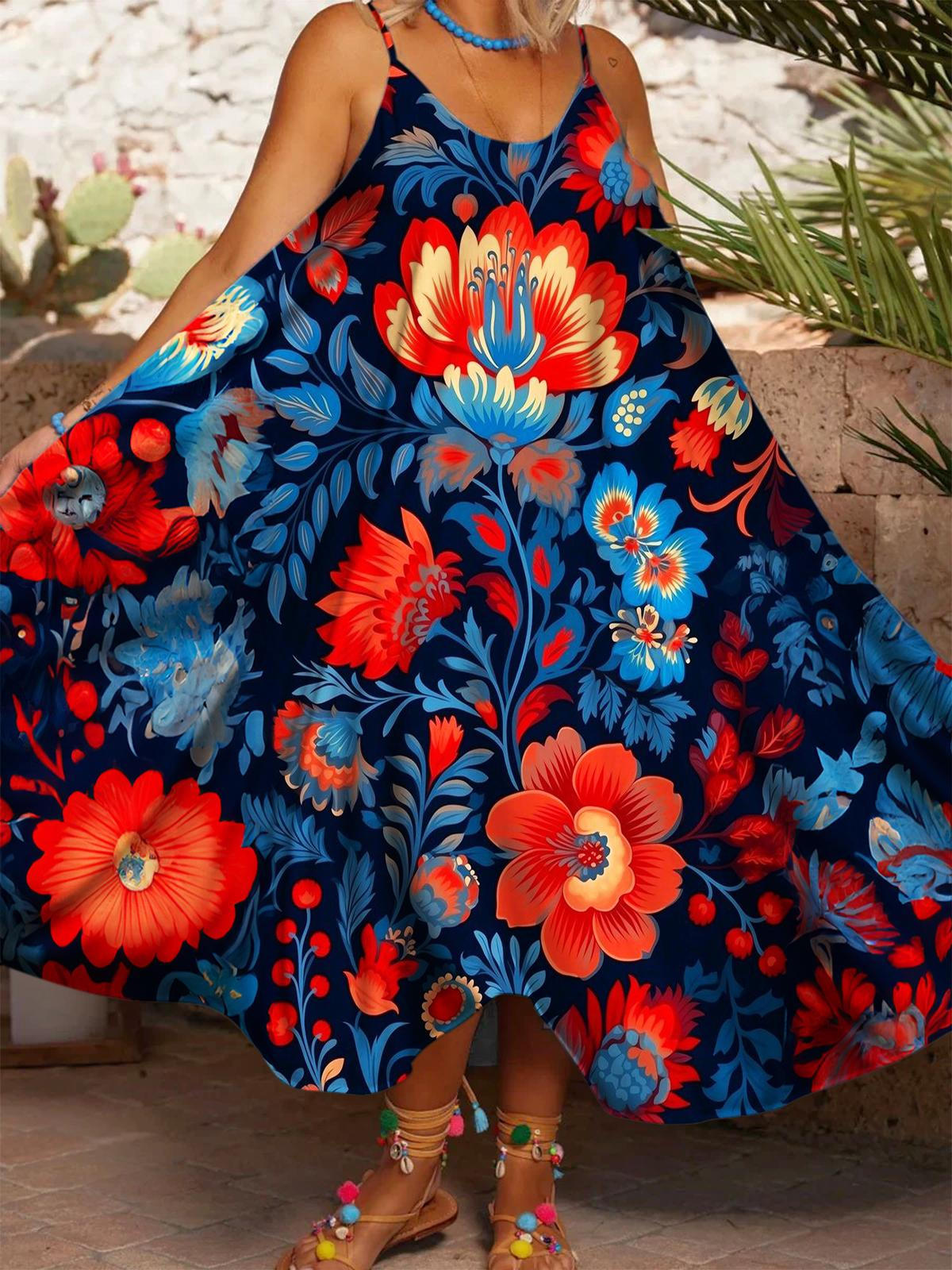 Orange Floral Print Casual Spaghetti Strap Dress