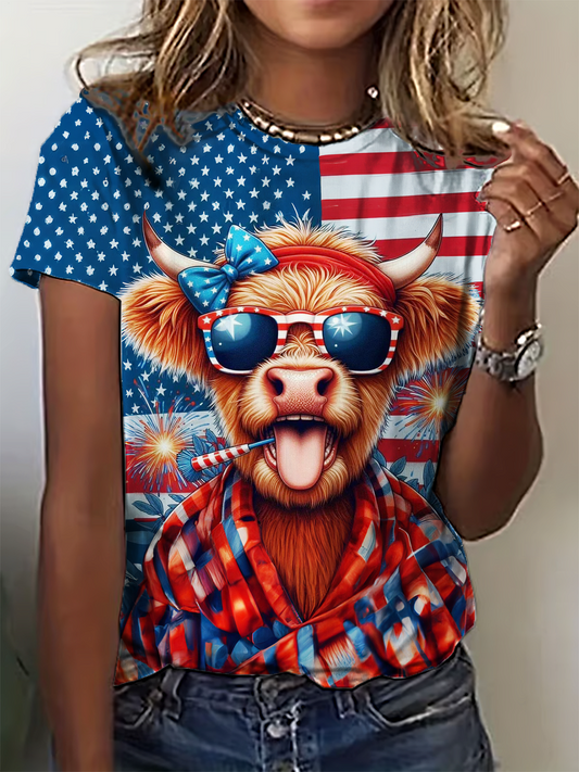 Happy Holidays American Flag Highland Cattle Crew Neck T-shirt