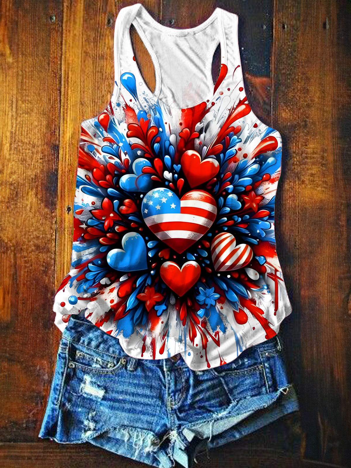Independence Day Patriotic Flag Heart Art Printed Casual Tank Top