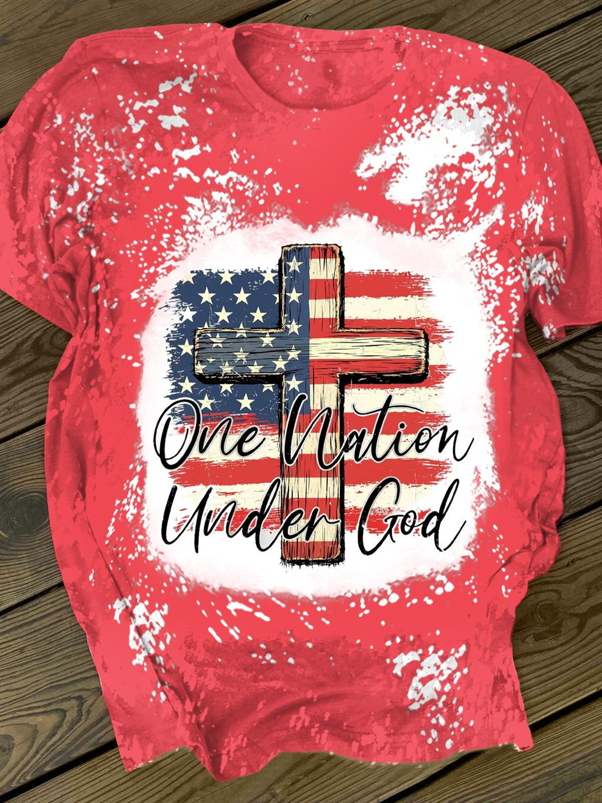 Vintage Independence Day Flag Christian Printed Crew Neck T-shirt