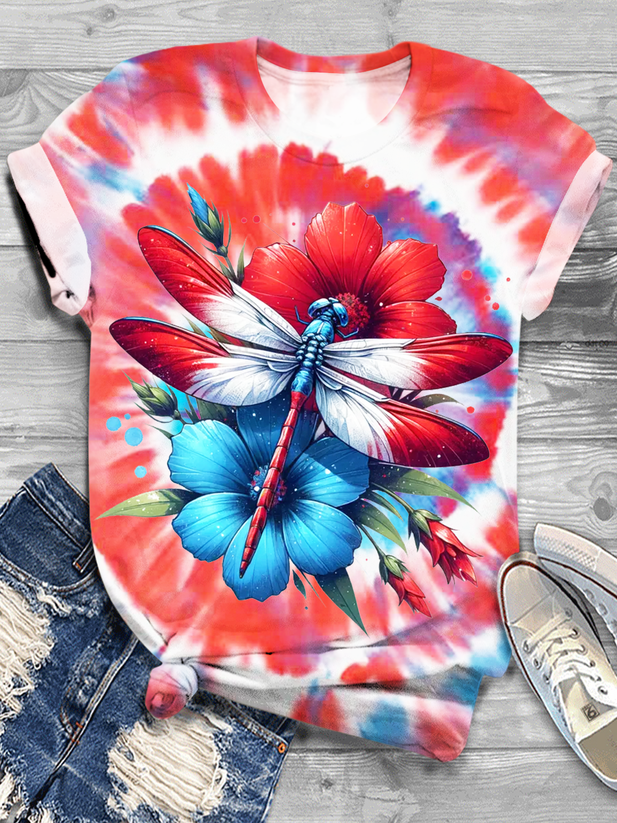 Tie Dye Independence Day Floral Dragonfly Art Crew Neck T-shirt
