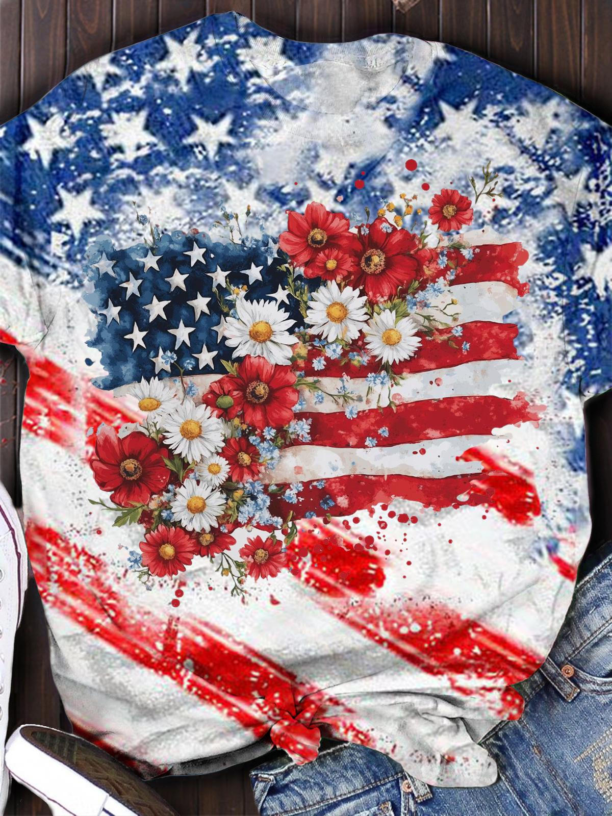 Floral American Flag Crew Neck T-shirt