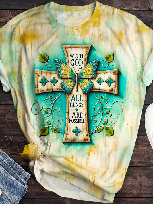 Vintage Flowers Faith In Jesus Printed Crew Neck T-shirt