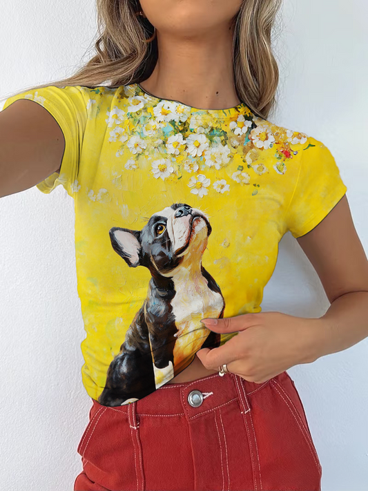 Summer Oil Painting Atmosphere Daisy French Bulldog Casual Short Sleeve T-Shirt