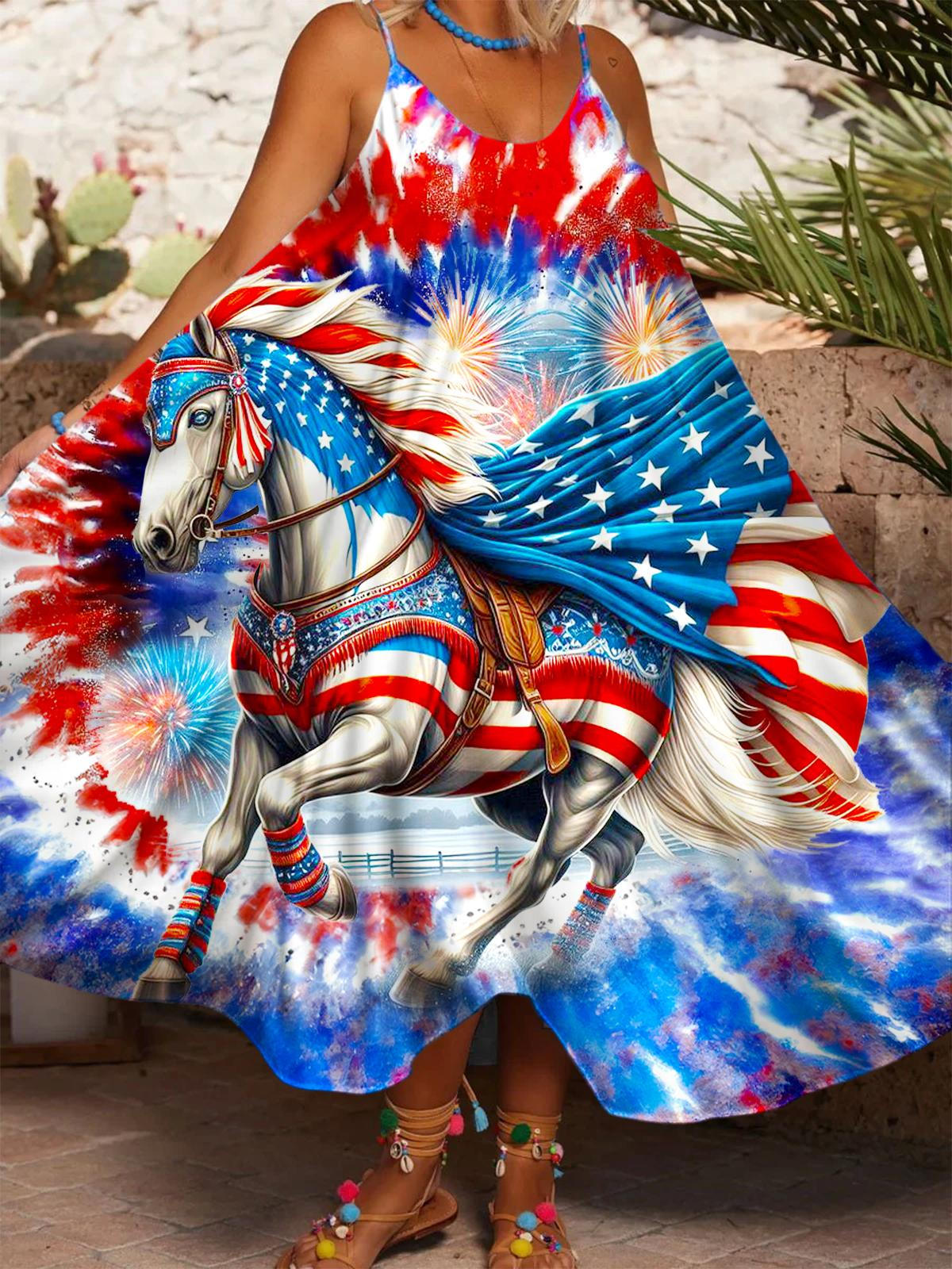 Women's Independence Day Flag White Horse Print Casual Spaghetti Strap Dress