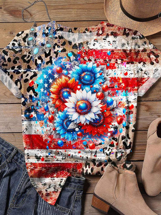 Vintage Leopard Print Flag Sunflower Crew Neck T-shirt