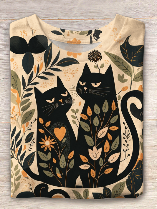 Vintage Geometric Cat Art Crew Neck T-shirt