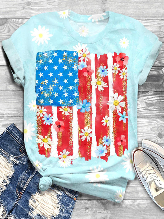 Daisy Flower Brushstroke America Flag T-shirt