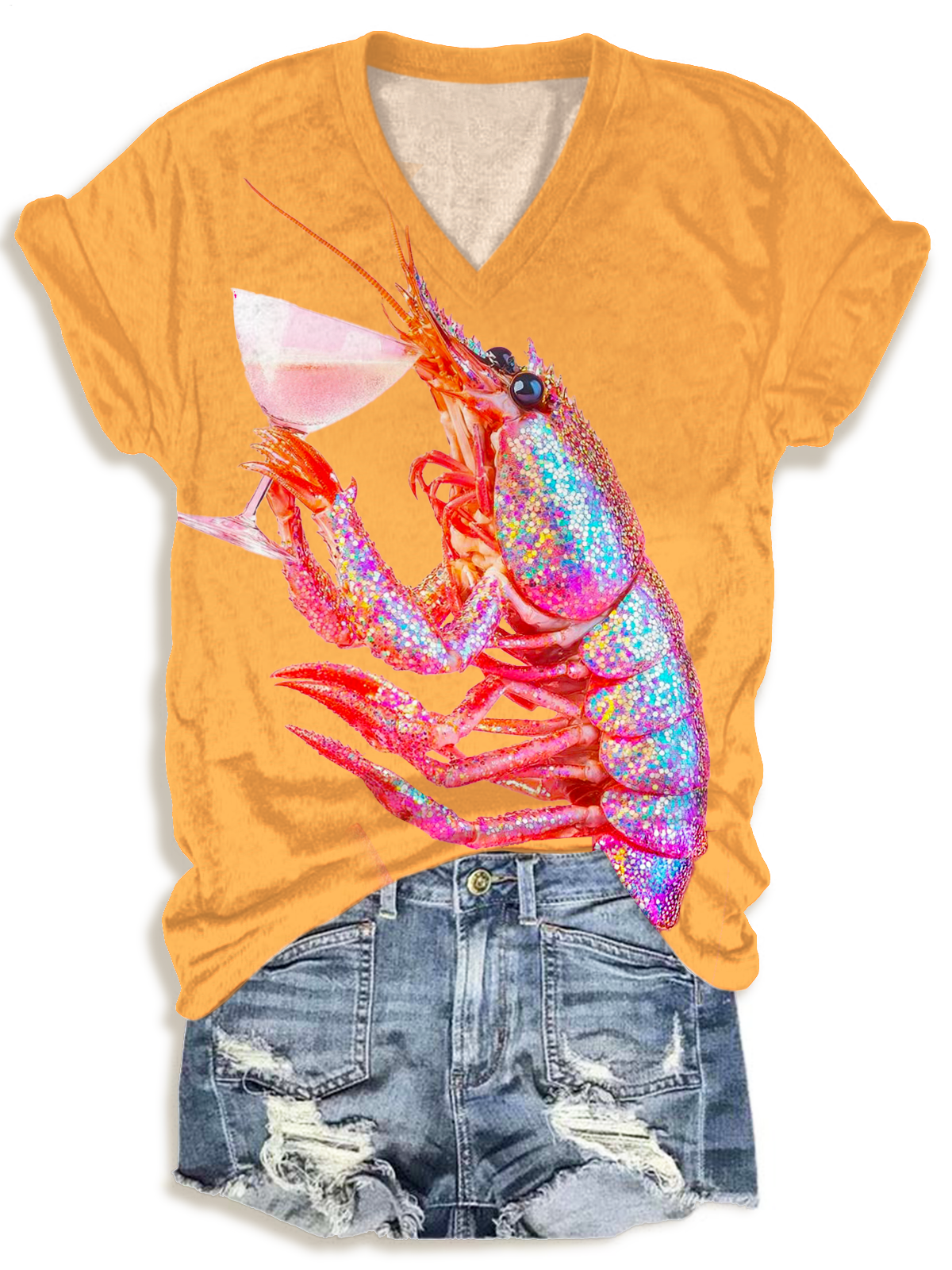 Disco Glitter Shrimp Holding Glass Art V-neck T-Shirt