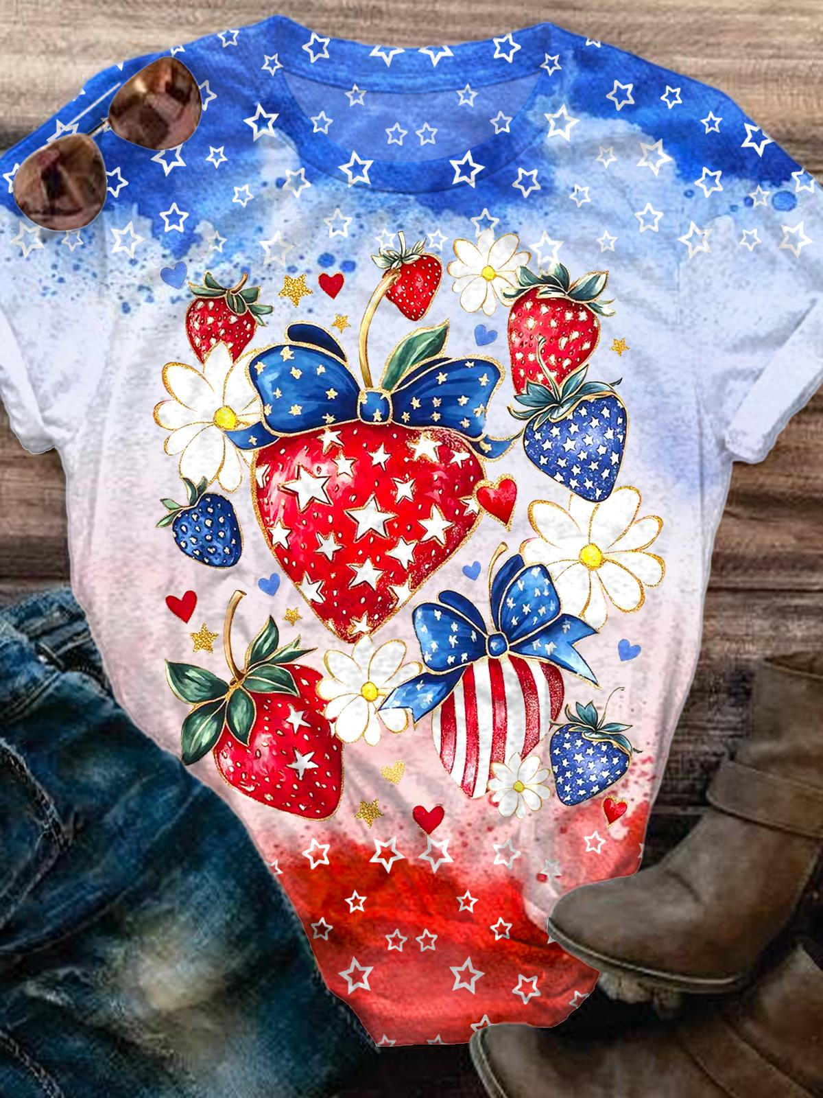 Boho 4th Of July Strawberry Crew Neck T-shirt