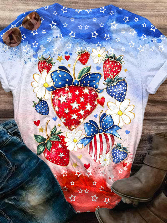 Boho 4th Of July Strawberry Crew Neck T-shirt