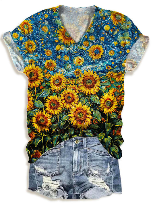 Summer Sunflower Print V-neck T-Shirt