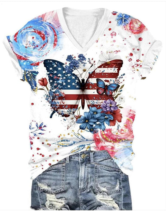 Independence Day Flowers National Flag Butterfly Art V-neck T-Shirt