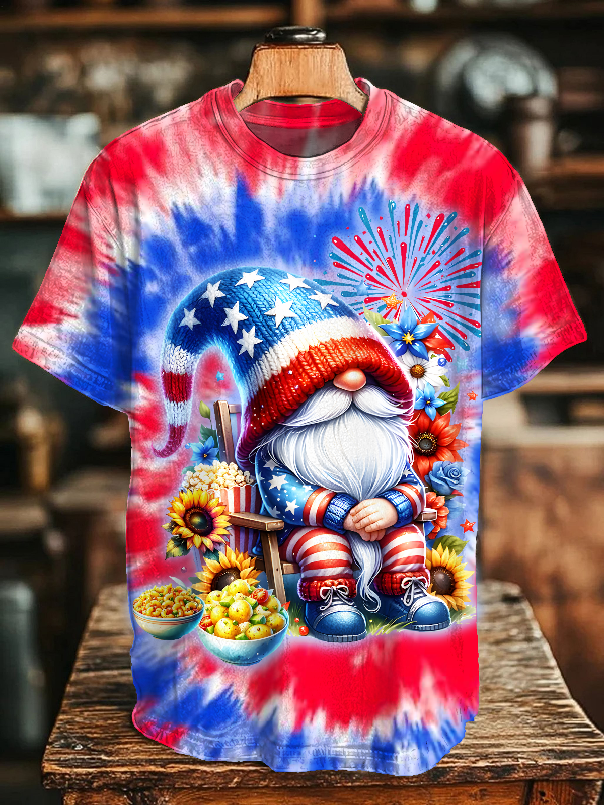 Independence Day Patriotic Sunflower Gnome Crew Neck T-shirt