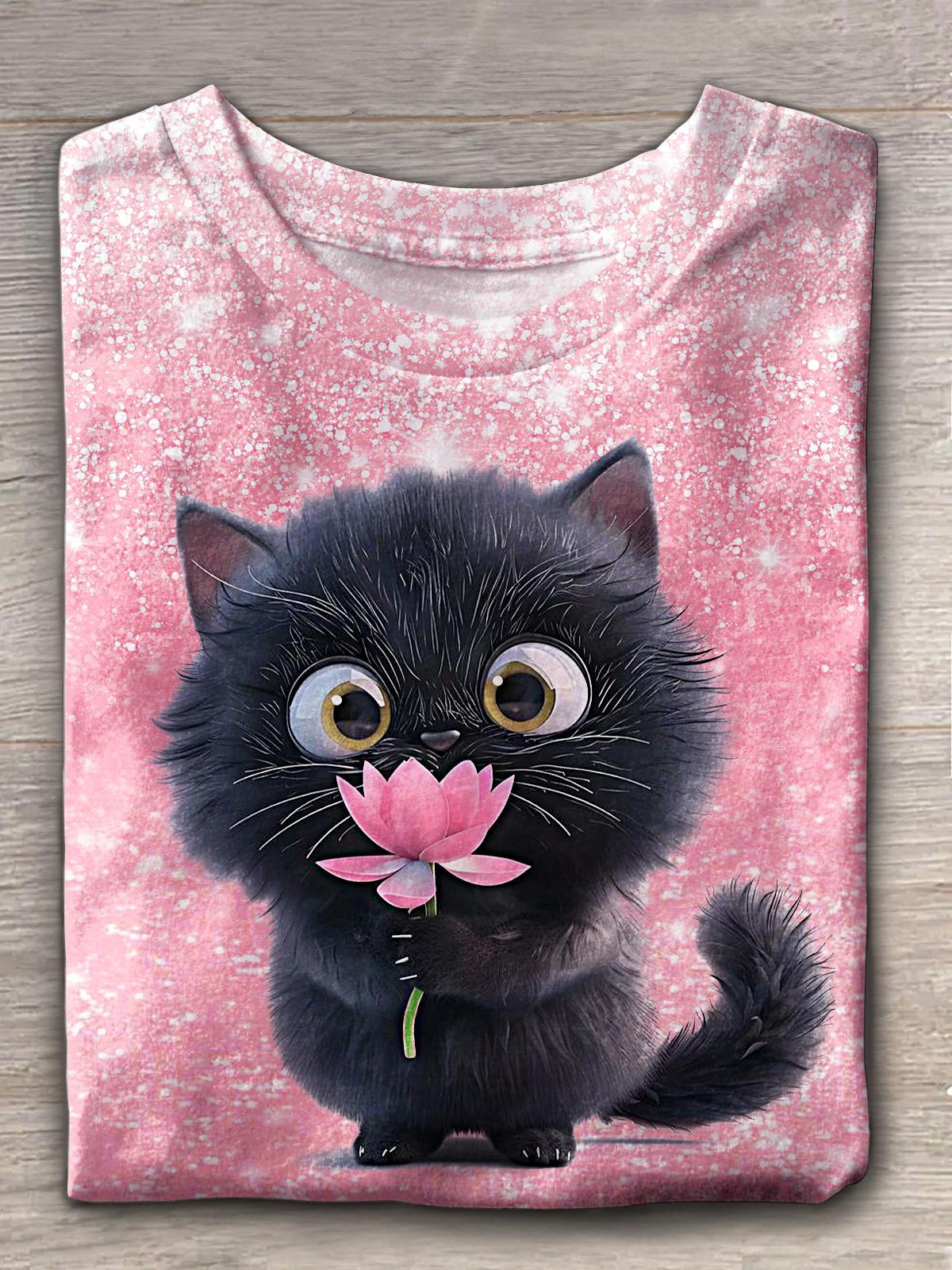Damen-T-Shirt mit Rundhalsausschnitt und süßem Katzen-Print zum Valentinstag 