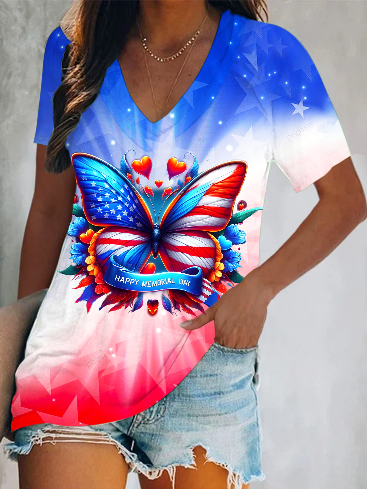 Independence Day Happy Memorial Day Butterfiy Short Sleeve V Neck Print Top