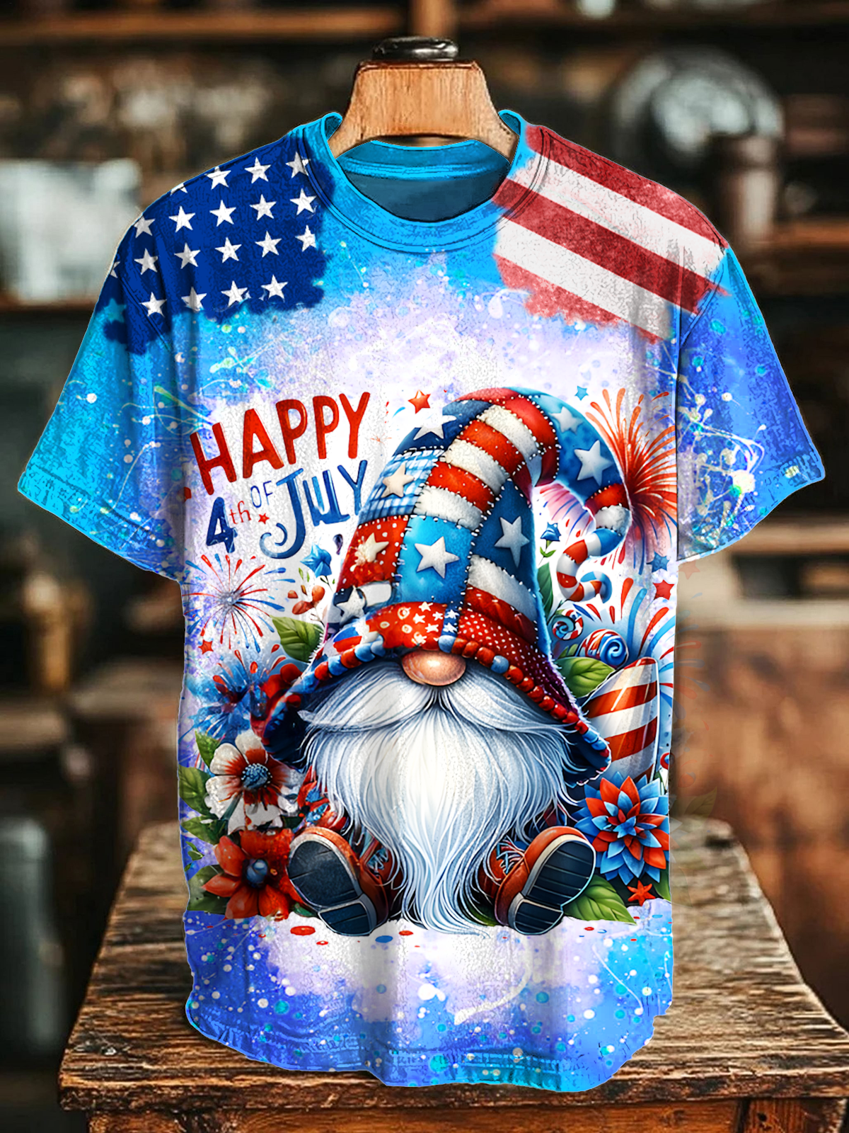 4th of July Patriotic Gnomes Funny Crew Neck T-shirt
