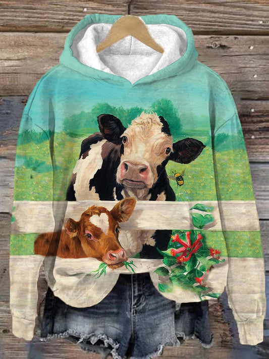 Women's Cow Pastoral Fun Print Long Sleeve Hoodie