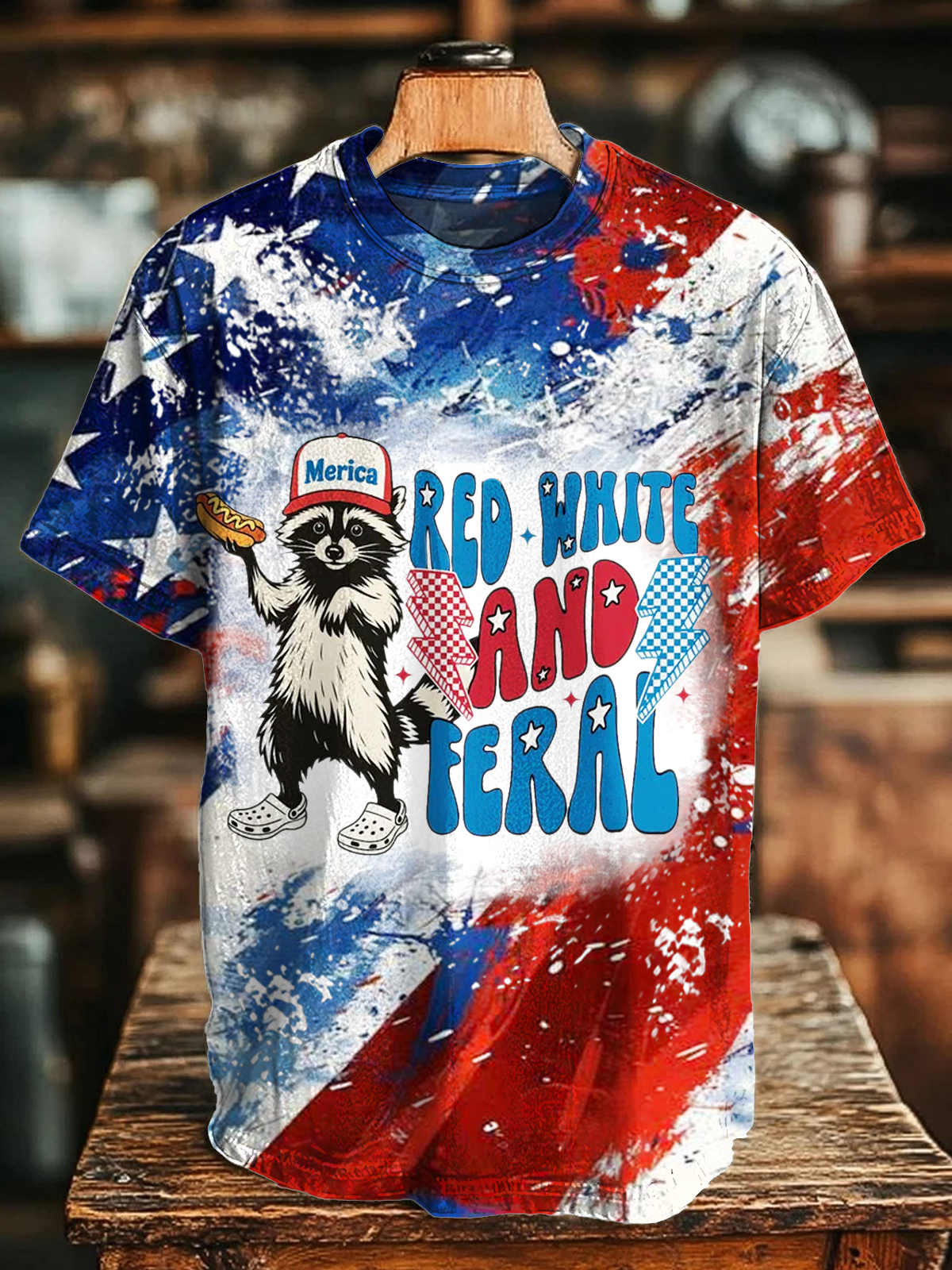 Red White And Feral Funny Raccoon Crew Neck T-shirt