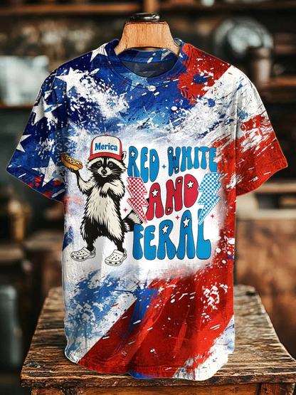Red White And Feral Funny Raccoon Crew Neck T-shirt