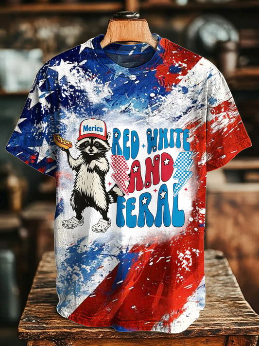 Red White And Feral Funny Raccoon Crew Neck T-shirt