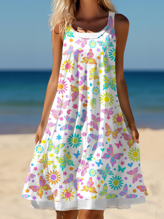 Spring Resort Butterfly Print False Two Dress
