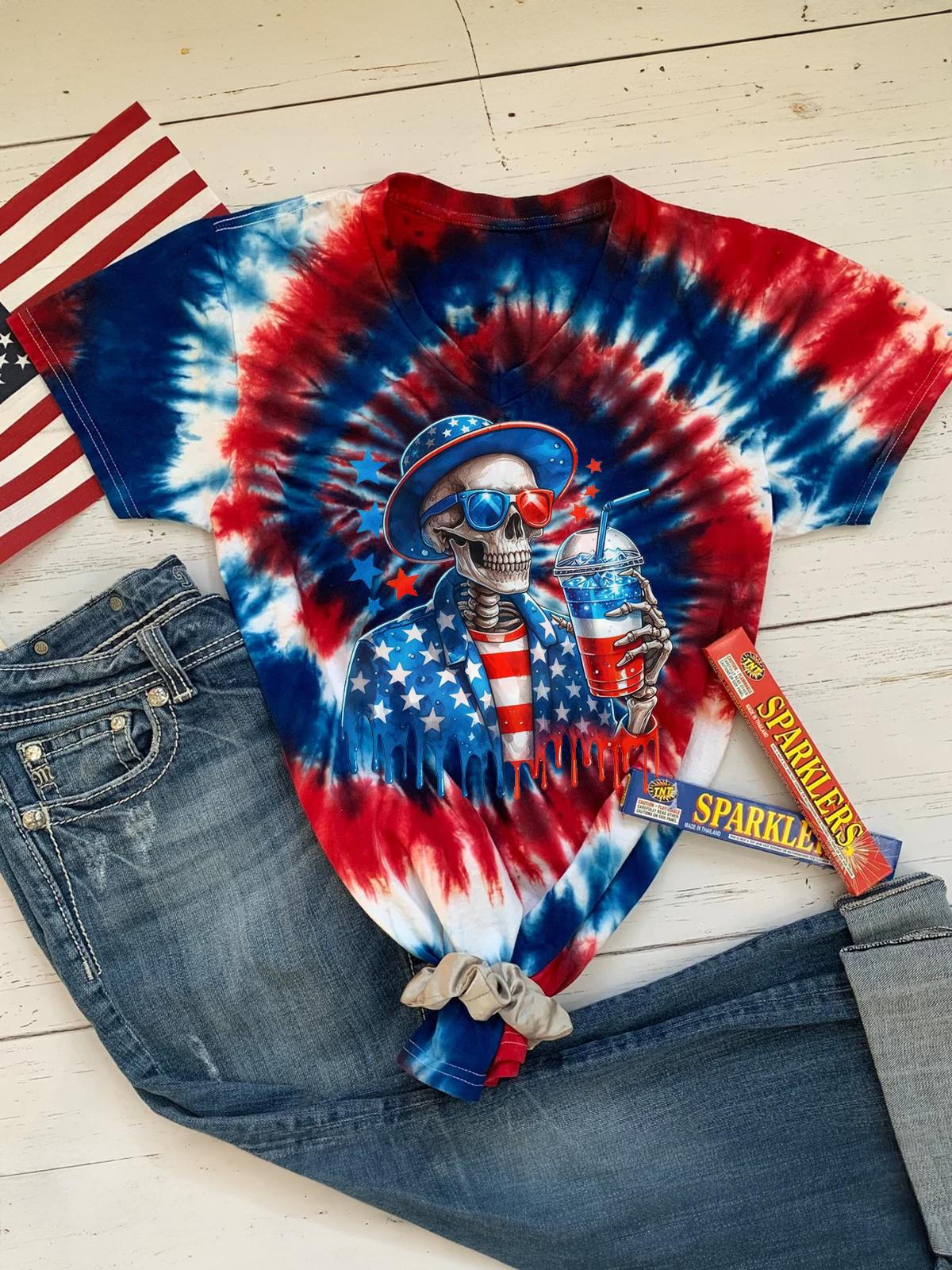 Red White Blue Tie Dye Skull Inedenpence T-shirt