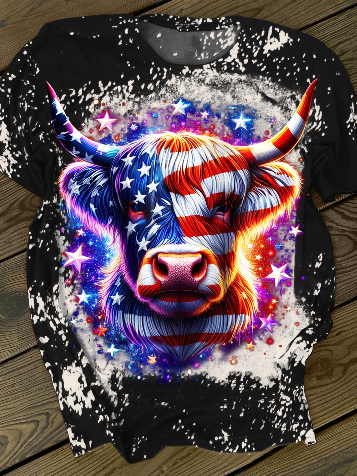 American Flag Highland Cow Crew Neck T-shirt