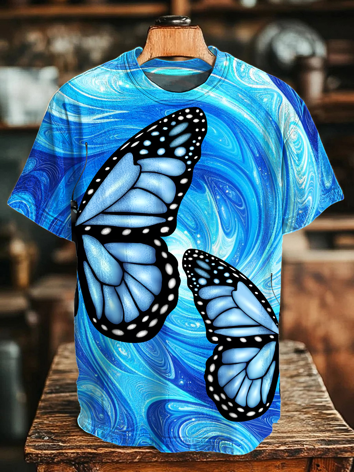 Glitter Colorful Blue Butterfly Art Crew Neck T-shirt