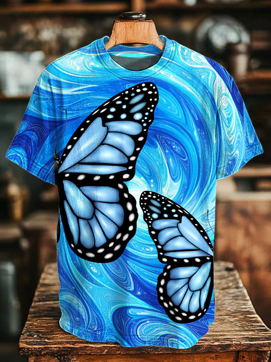 Glitter Colorful Blue Butterfly Art Crew Neck T-shirt